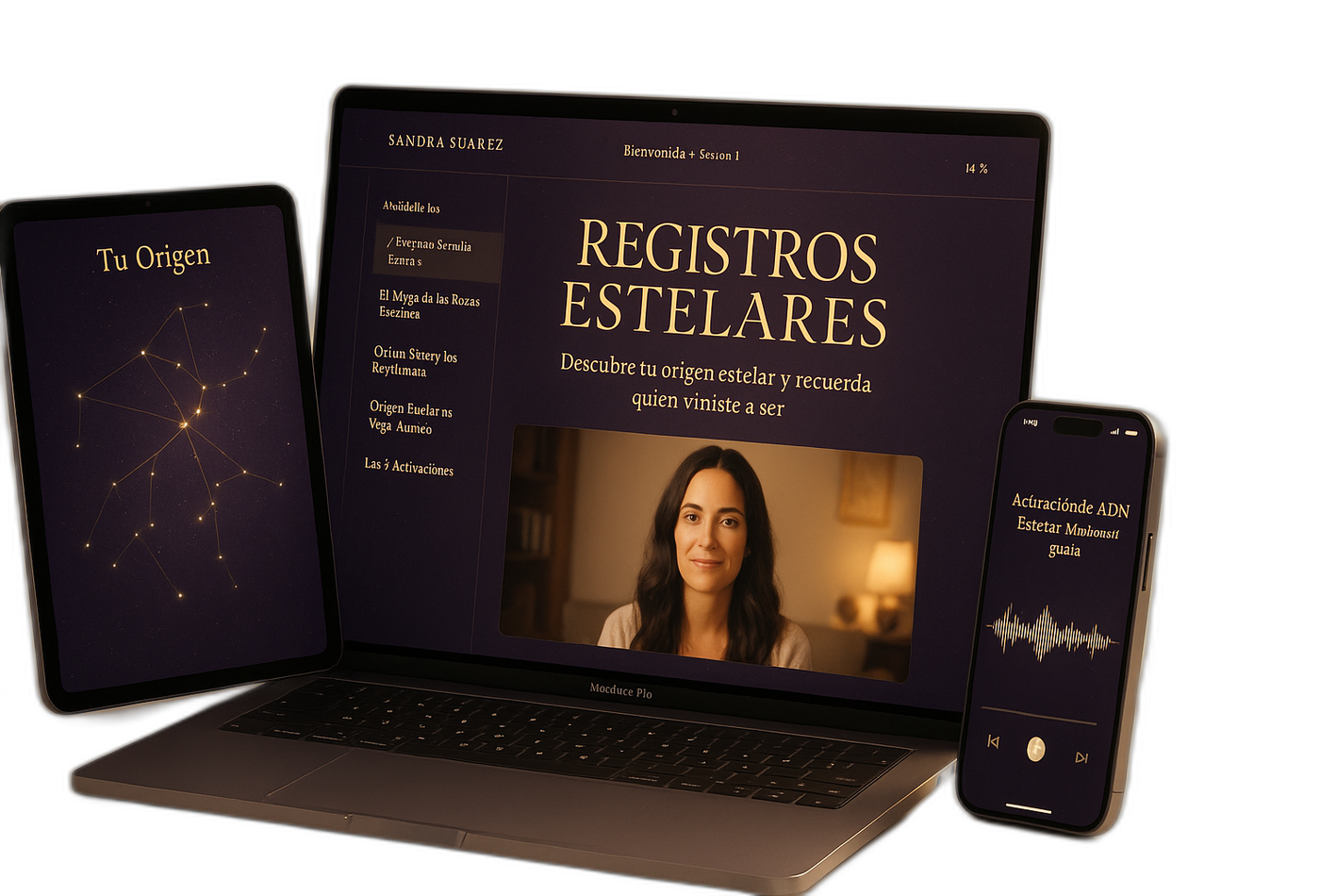 Registros Estelares · Sandra Suárez en laptop, tablet y móvil
