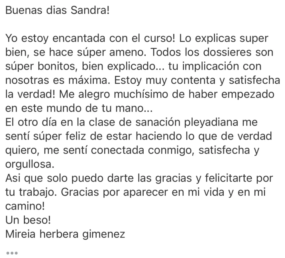 Testimonio de Mireia: «Yo estoy encantada con el curso! Lo explicas súper bien, se hace súper ameno. Gracias por aparecer en mi vida y en mi camino.»